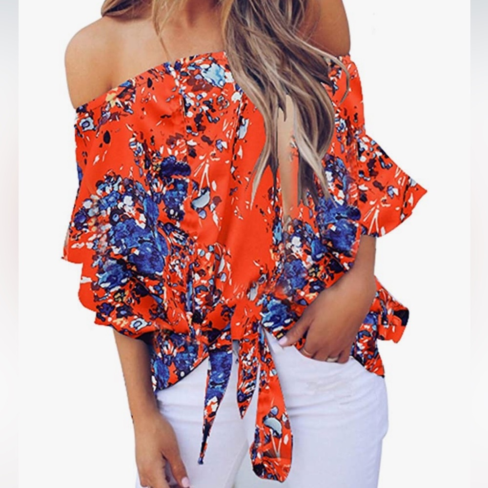 New Asvivid Womens 3/4 Flare Sleeve Off The Shoulder with knot tie Top Size Med